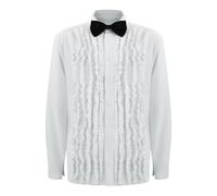 Mens Tuxedo Shirt 70s 80s Prom Ruffle Shirts Bowtie Button Down Long Sleeve Halloween Party Costume White XL