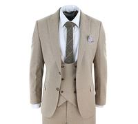 Mens Tweed 3 Piece Beige Formal Tailored Wedding Suit