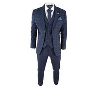Mens Tweed 3 Piece Suit Blue Check Vintage 1920s Gatsby Blinders Tailored Fit - Blue 38