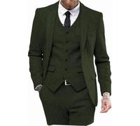 Mens Tweed Herringbone Wedding Suit Prom Tuxedos 3 Piece Peak Lapel Dress, Army Green, 5XL