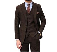 Mens Tweed Suit 3 Piece Vintage Herringbone Wool Slim Fit Formal Tuxedos Wedding Suits for Men （48, Coffee）