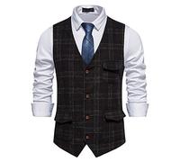 Mens Tweed Waistcoat UK Vintage Checked Blazer Vest Formal Classic Plaid Waistcoat Herringbone V Neck Vest Tailored Fit Gilet Business Casual Dress England Style Suit