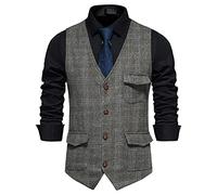 Mens Tweed Waistcoat UK Vintage Checked Blazer Vest Formal Classic Plaid Waistcoat Herringbone V Neck Vest Tailored Fit Gilet Business Casual Dress England Style Suit