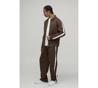 Men's Twill Contrast Tape Regular Zip Up Overshirt & Relaxed Chino Set | Chocolate | Size Small | BOOHOOMAN