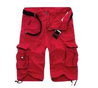 Mens Twill Cotton Combat Shorts Outdoor Hiking Cargo Shorts with Multi Pockets Comfy Workout Short Pants 3/4 Length Baggy Trousers Elastic Waist Joggers Bottoms Red