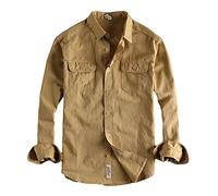 Men's Twill Cotton Shirts Multi Colors Solid Long Sleeve Vintage Blouse Casual Loose Cargo Shirt V38 Light Yellow XL