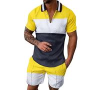 Mens Twin Set Shorts and Shirt Men's Summer Short Sleeve Round Neck Shirts and Shorts Printed Suits Regular Fit Fitness Tracksuit with Pockets 2023(31-Yellow,3XL)