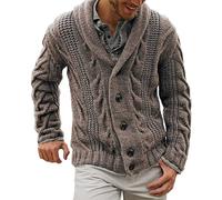 Men's Twisted Knit Button Down Sweater Shawl Collar Heavy Weight Sweater Cardigan Fashion Casual Sweaters, Khaki, Large