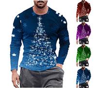 Men's Ugly Christmas Sweatshirt UK Clearance 3D Printed Xmas Tree Jumper Long Sleeve Pullover Round Neck Sweater Novelty Blouse Casual Jumpers Festive Shirt Party Celebration Event Tunic Tops Blue