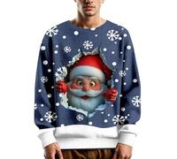 Men's Ugly Christmas Sweatshirts Funny Reindeer Sweatshirt 3D Printed Sweater Pullover Ugly Xmas Jumper Long Sleeve Sweaters Solid Color Winter Warm Jumper Top Festive Party Costumes (Navy,XXL)