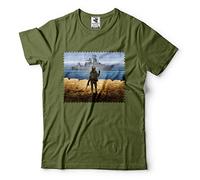 Men's Ukraine T-Shirt | Ukrainian Soldier VS Russian Warship Ukraine Post Office Stamp Support Trident Tshirt, Military Green, Large