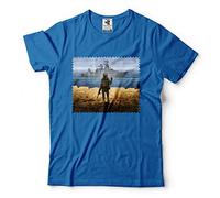 Men's Ukraine T-Shirt | Ukrainian Soldier VS Russian Warship Ukraine Post Office Stamp Support Trident Tshirt, Blue, Medium