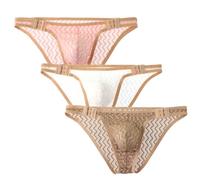 Men's underwear Briefs Breathable quick drying lace adjustable size loose open briefs youth mesh sexy low waist 3- Pack, Pink-white-coffee, M