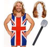 Mens Union Jack Dress - Small - Red, White and Blue Union Jack Flag Classic Dress, Ginger Wig and Microphone - Adults Stag Night Bachelor Party 90s Music Icon Britpop Fancy Dress Costume