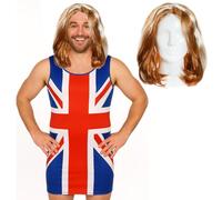 Mens Union Jack Dress - X-Large - Red, White and Blue Union Jack Flag Classic Dress and Ginger Wig - Adults Stag Night Bachelor Party 90s Music Icon Britpop Fancy Dress Costume