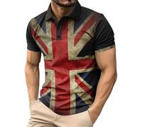 Men's Union Jack Polo Shirt United Kingdom Britain England Short Sleeve Casual Golf Tops Work Contrasting Colors Men T-Shirts Army Veteran Athletic Fitted Men's Shirts (F-Black,L)