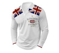Mens Union Jack Polo Shirts Bunting Flags Print Great Britain Long Sleeve Collared Button Down Golf Shirt Fall/Winter Regular Fit Plus Size T-Shirt Holiday Clothes for Men UK White