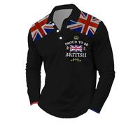 Mens Union Jack Polo Shirts Long Sleeve Great Britain Bunting Flags Graphic Button Front Autumn Golf Shirt Plus Size Holiday T-Shirt Breathable Workout Tops for Men UK (A0a1-Black, L)