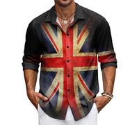 Men's Union Jack Shirt Great Britain Bunting Flags Print Long Sleeve Shirts Casual Button Down Shirt (UK, Alpha, XXL, Regular, Regular, #7)