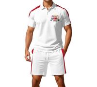 Mens Union Jack Shorts and Shirt Sets Bunting Flags Print Great Britain 2 Piece Ve Day Outfits Button Down Collared Short Sleeve Golf Shirts Activewear Gym Tractsuits (A11-White, L)