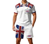 Mens Union Jack Shorts and Shirt Sets Button Down Collared Short Sleeve Golf Shirts Bunting Flags Print Great Britain 2 Piece Ve Day Outfits Activewear Gym Tractsuits (White, XXXL)