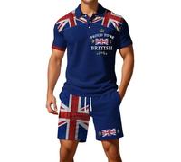 Mens Union Jack Shorts and Shirt Sets Button Down Collared Short Sleeve Golf Shirts Bunting Flags Print Great Britain 2 Piece Ve Day Outfits Activewear Gym Tractsuits (A1-Blue, L)