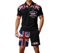 Mens Union Jack Shorts and Shirt Sets Button Down Collared Short Sleeve Golf Shirts Bunting Flags Print Great Britain 2 Piece Ve Day Outfits Activewear Gym Tractsuits (Black, XXL)