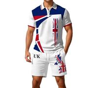 Mens Union Jack Shorts and Shirt Sets Button Down Collared Short Sleeve Golf Shirts Bunting Flags Print Great Britain 2 Piece Ve Day Outfits Activewear Gym Tractsuits (A6-White, M)