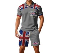 Mens Union Jack Shorts and Shirt Sets Button Down Collared Short Sleeve Golf Shirts Bunting Flags Print Great Britain 2 Piece Ve Day Outfits Activewear Gym Tractsuits (A1-Grey, M)