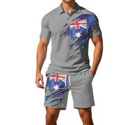 Mens Union Jack Shorts and Shirt Sets Button Down Collared Short Sleeve Golf Shirts Bunting Flags Print Great Britain 2 Piece Ve Day Outfits Activewear Gym Tractsuits (A3-Grey, M)