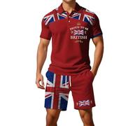 Mens Union Jack Shorts and Shirt Sets Button Down Collared Short Sleeve Golf Shirts Bunting Flags Print Great Britain 2 Piece Ve Day Outfits Activewear Gym Tractsuits (A1-Red, XL)