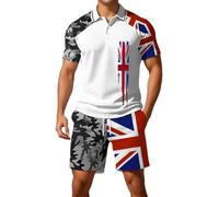 Mens Union Jack Shorts and Shirt Sets Button Down Collared Short Sleeve Golf Shirts Bunting Flags Print Great Britain 2 Piece Ve Day Outfits Activewear Gym Tractsuits (A4-White, 3XL)