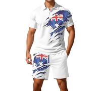 Mens Union Jack Shorts and Shirt Sets Button Down Collared Short Sleeve Golf Shirts Bunting Flags Print Great Britain 2 Piece Ve Day Outfits Activewear Gym Tractsuits (A3-White, L)