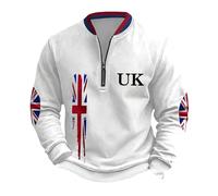 Men's Union Jack Sweatshirt 1/4 Zip Long Sleeve Jumpers Plus Size Bunting Britannia UK Flag Patriotic Sweatshirts Men's Casual Wear for Festive Occasions (A4-White, M)