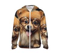 Men's UPF 50+ Sun Protection Hoodie Pomeranian Dog Wearing Glasses Long Sleeve Sun Shirts Full Zip Light Fishing Jacket, Black, Large