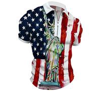 Men's US Flag Printed Shirt Short Sleeve V Neck Button Down Casual Classic Unisex Top Lightweight Summer Cotton T-Shirts (Red, XXL)