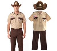 MENS US SHERIFF FANCY DRESS COSTUME - ADULTS 4 PIECE SHERIFF COSTUME WITH BEIGE SHIRT, PLASTIC SHERIFFS BADGE, COWBOY HAT AND BROWN TROUSERS WITH AN ELASTICATED BACK (MEDIUM)