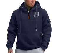 Mens USA American Flag Striped 2D Print Half-Zip Hoodie Hooded Hood with Drawstring Pockets - Long Sleeve Fleece Lined Sweatshirt for Fall Winter Casual & Streetwear Fashion Navy