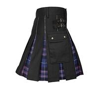 Mens Utility Scottish Traditional Dress Pleated Buckle Straps with Pockets Vintage Gothic Pleated Skirts Medieval Cargo Skirt Punk Checked Fancy Dress Carnival Costume (32-Purple, XXL)