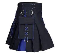 Mens Utility Scottish Traditional Dress Pleated Buckle Straps with Pockets Vintage Gothic Pleated Skirts Medieval Cargo Skirt Punk Checked Fancy Dress Carnival Costume (21-Blue, XXXXL)
