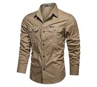 Men's Utility Shirt Long Sleeve with Multiple Pockets, Cotton Casual Outdoor Cargo Shirt for Weekend Adventures, Hiking and Camping in Relaxed Fit(Khaki, XXL)
