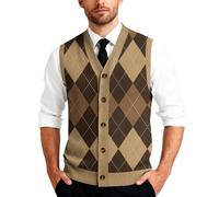 Men's V-Neck Button Front Sweater Vest Knitted Gilet for Men Business Casual Plaid Classic Regular Fit Lightweight Comfortable Knitwear with Buttons for Gentleman Autumn Winter Coffee S