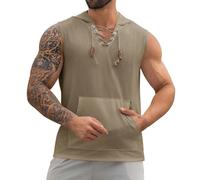 Mens V Neck Hooded Tank Tops Sleeveless Hoodies for Men Renaissance Pirate Lace Up Shirts Drawstring Hooded Tanks Khaki