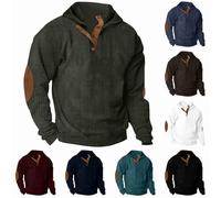 Mens V Neck Jumper Corduroy Sweatshirt Casual Long Sleeve Pullover, Stand Collar Sweater Patchwork Jumper Warm Cotton Tops Loose Fit Workwear Soft Touch Sweaters, UK Size S-3XL Army Green