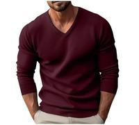 Mens V Neck Jumpers Long Sleeve Sweater Classic Plain Pullover Jumper Tops Autumn Winter Solid Color Knitted Warm Jumper Knitwear Casual Slim Fit Sweatshirt for Men UK Wine