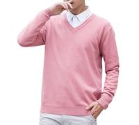 Men's V Neck Knit Jumper Pullover Long Sleeve Soft Touch Knitwear Stretch Plain Classic Sweater Casual Business Lightweight Knitted Jumpers Tops Pink