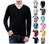 Mens V Neck Knit Jumper Pullover Long Sleeve Soft Touch Knitwear Stretch Plain Classic Sweater Casual Business Lightweight Knitted Jumpers Tops Black