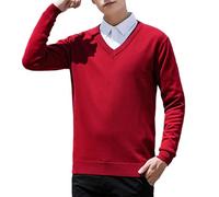 Mens V Neck Knit Jumper Pullover Long Sleeve Soft Touch Knitwear Stretch Plain Classic Sweater Casual Business Lightweight Knitted Jumpers Tops Red
