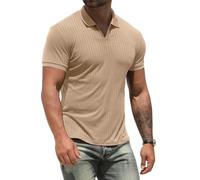 Men's V Neck Polo Shirts Slim Fit Solid Short Sleeve Cotton Golf T-Shirts Ribbed Knit Soft Tees Beige L
