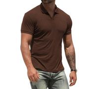 Men's V Neck Polo Shirts Slim Fit Solid Short Sleeve Cotton Golf T-Shirts Ribbed Knit Soft Tees Brown XL